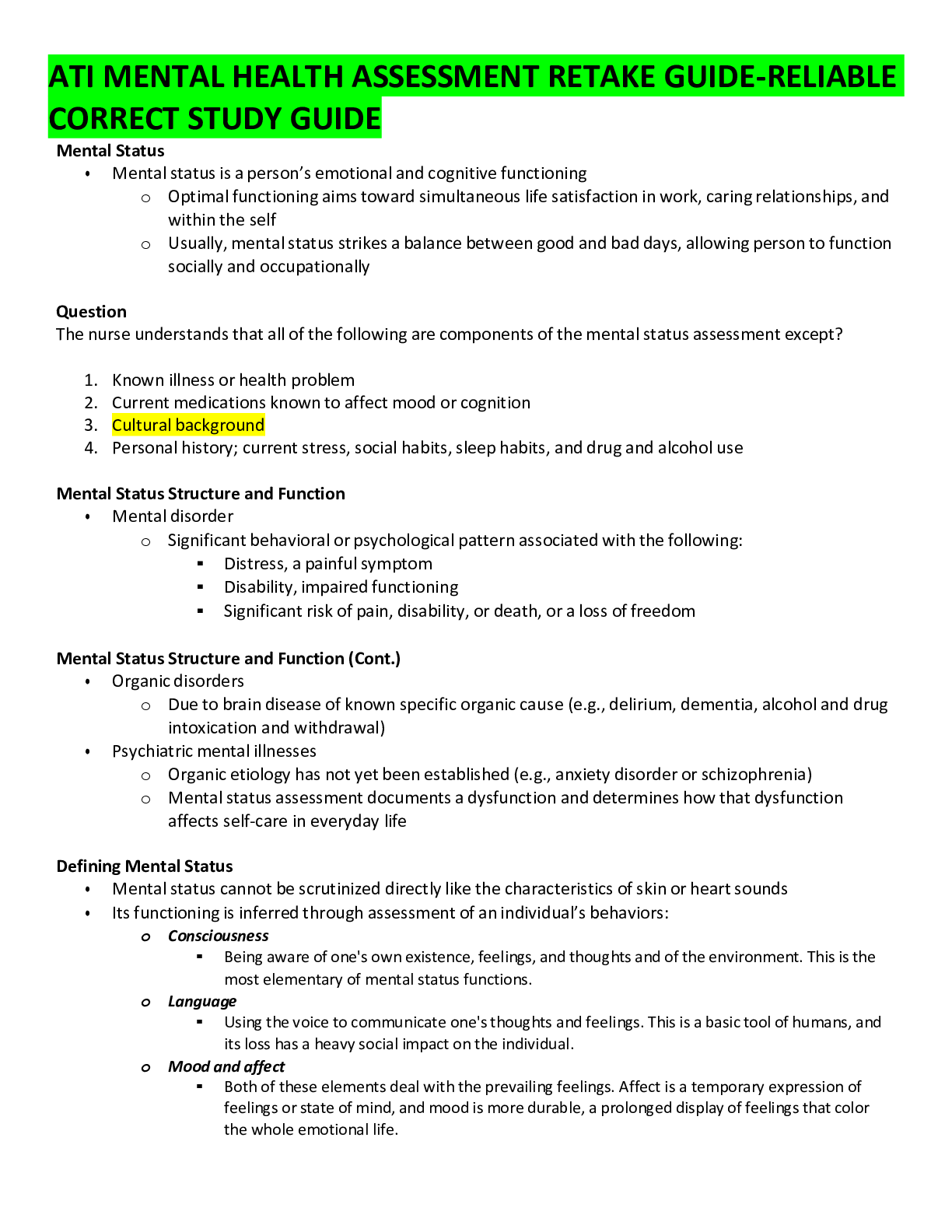 Preview image for ATI MENTAL HEALTH ASSESSMENT RETAKE GUIDE-RELIABLE CORRECT STUDY GUIDE